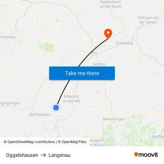 Oggelshausen to Langenau map