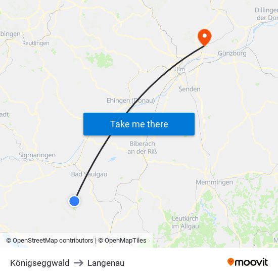 Königseggwald to Langenau map