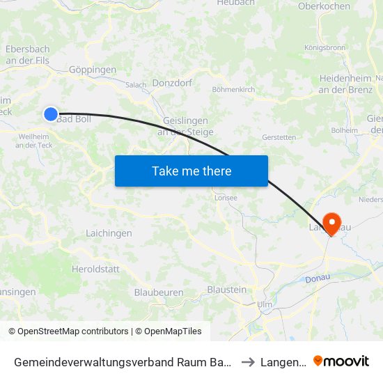 Gemeindeverwaltungsverband Raum Bad Boll to Langenau map