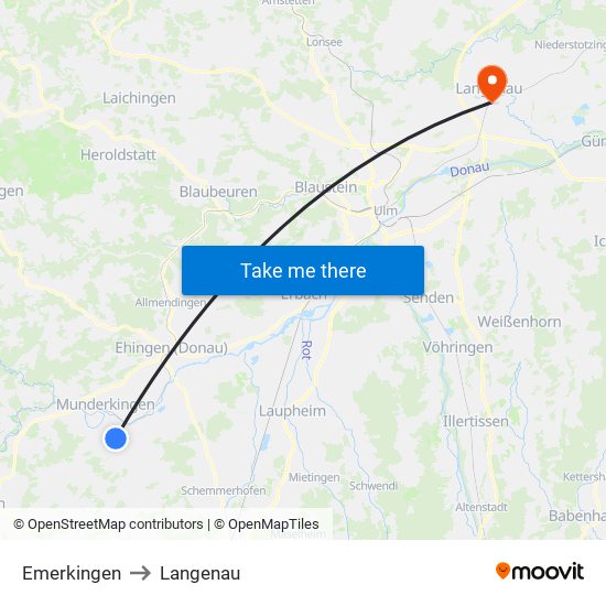 Emerkingen to Langenau map