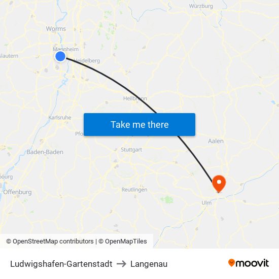 Ludwigshafen-Gartenstadt to Langenau map