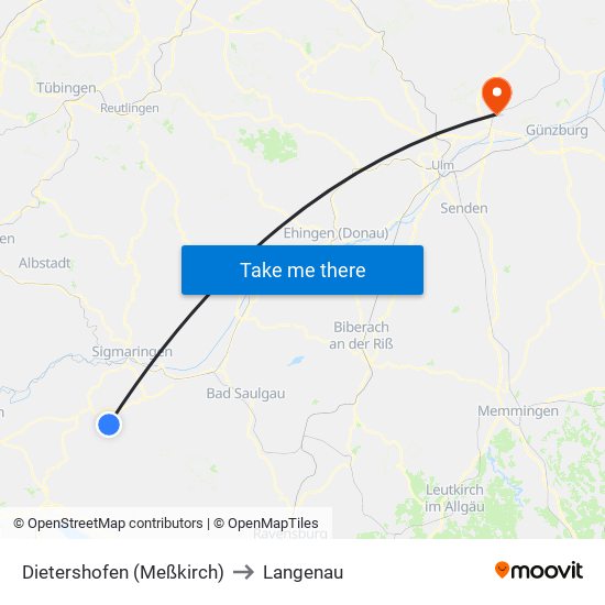 Dietershofen (Meßkirch) to Langenau map