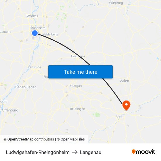 Ludwigshafen-Rheingönheim to Langenau map