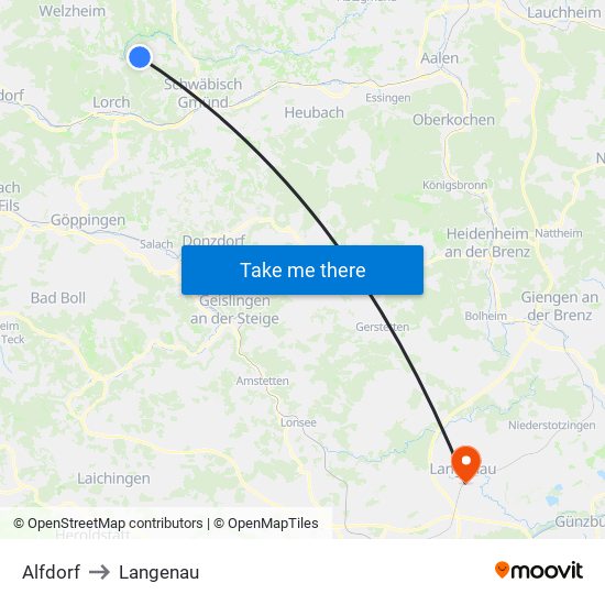 Alfdorf to Langenau map
