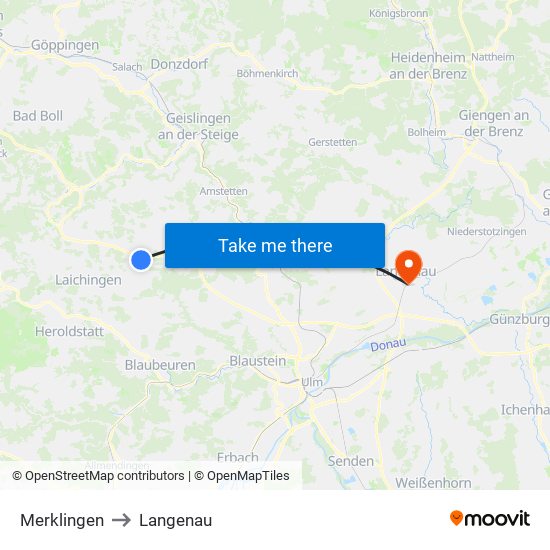 Merklingen to Langenau map