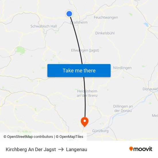 Kirchberg An Der Jagst to Langenau map