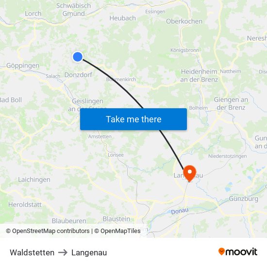 Waldstetten to Langenau map
