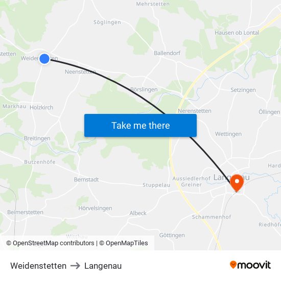 Weidenstetten to Langenau map