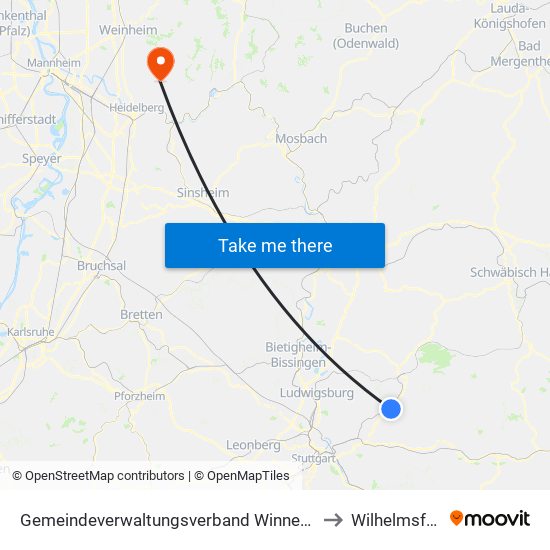 Gemeindeverwaltungsverband Winnenden to Wilhelmsfeld map