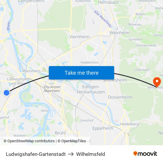 Ludwigshafen-Gartenstadt to Wilhelmsfeld map