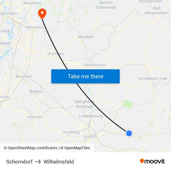 Schorndorf to Wilhelmsfeld map