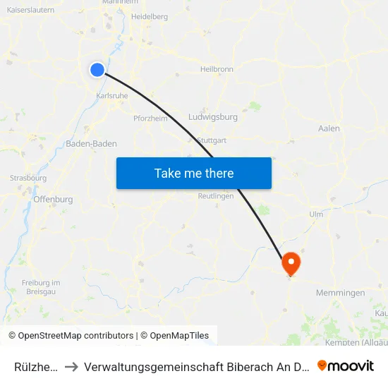 Rülzheim to Verwaltungsgemeinschaft Biberach An Der Riß map