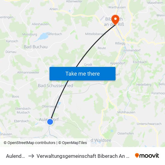 Aulendorf to Verwaltungsgemeinschaft Biberach An Der Riß map