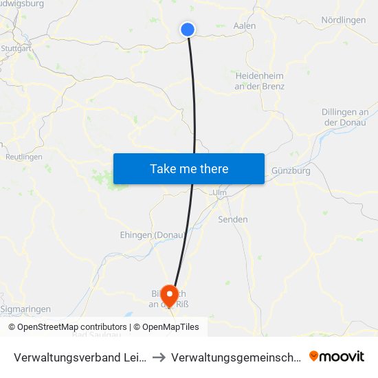 Verwaltungsverband Leintal-Frickenhofer Höhe to Verwaltungsgemeinschaft Biberach An Der Riß map