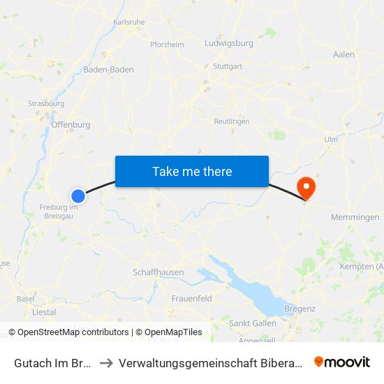 Gutach Im Breisgau to Verwaltungsgemeinschaft Biberach An Der Riß map