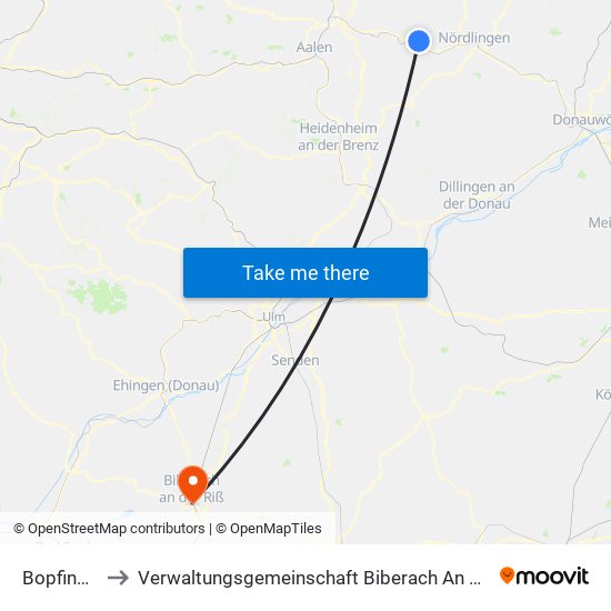 Bopfingen to Verwaltungsgemeinschaft Biberach An Der Riß map