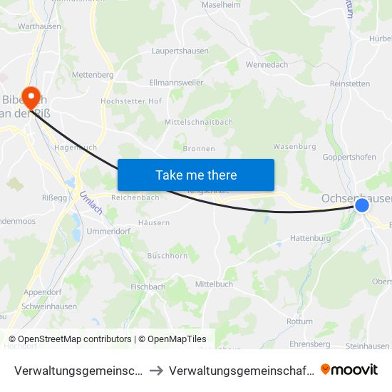 Verwaltungsgemeinschaft Ochsenhausen to Verwaltungsgemeinschaft Biberach An Der Riß map