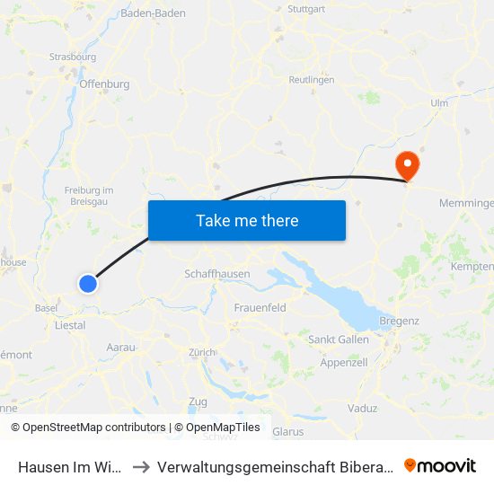 Hausen Im Wiesental to Verwaltungsgemeinschaft Biberach An Der Riß map