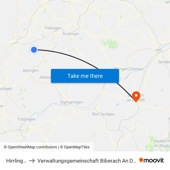 Hirrlingen to Verwaltungsgemeinschaft Biberach An Der Riß map