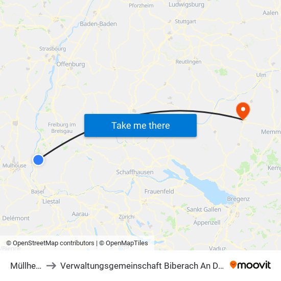 Müllheim to Verwaltungsgemeinschaft Biberach An Der Riß map