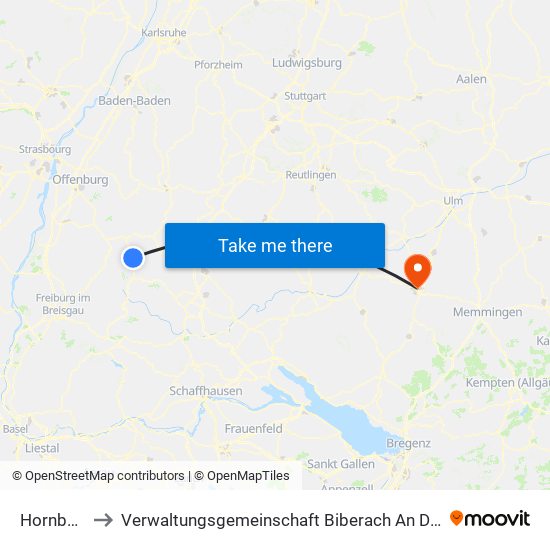 Hornberg to Verwaltungsgemeinschaft Biberach An Der Riß map