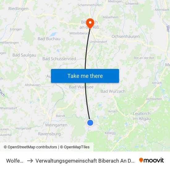 Wolfegg to Verwaltungsgemeinschaft Biberach An Der Riß map