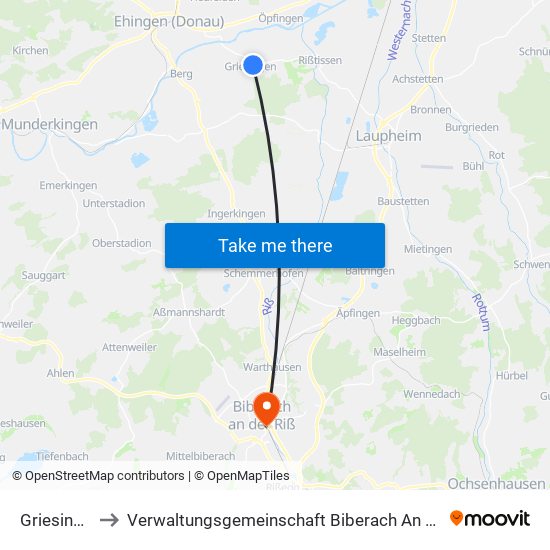 Griesingen to Verwaltungsgemeinschaft Biberach An Der Riß map