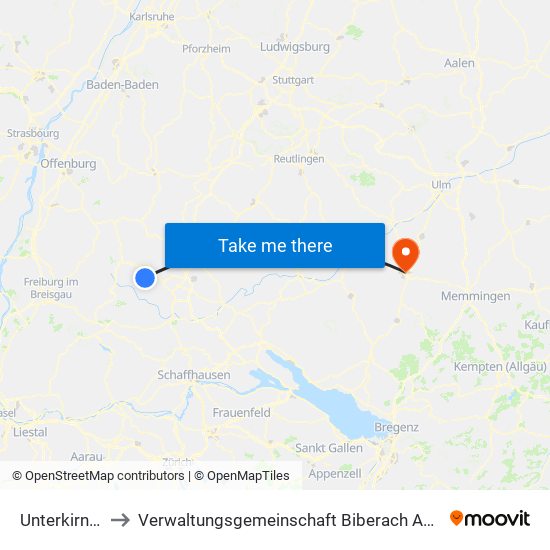 Unterkirnach to Verwaltungsgemeinschaft Biberach An Der Riß map