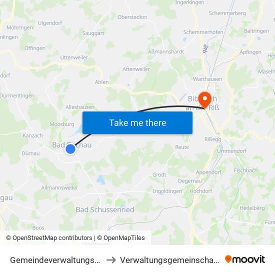 Gemeindeverwaltungsverband Bad Buchau to Verwaltungsgemeinschaft Biberach An Der Riß map