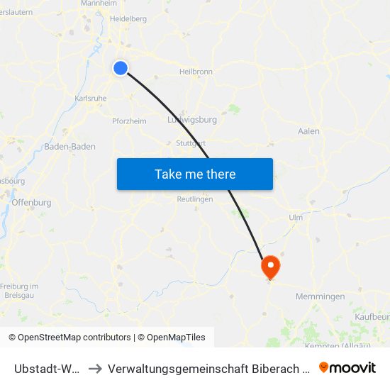 Ubstadt-Weiher to Verwaltungsgemeinschaft Biberach An Der Riß map