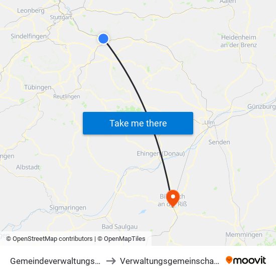 Gemeindeverwaltungsverband Plochingen to Verwaltungsgemeinschaft Biberach An Der Riß map