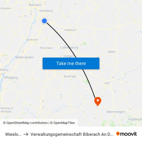 Wiesloch to Verwaltungsgemeinschaft Biberach An Der Riß map