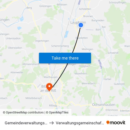 Gemeindeverwaltungsverband Laupheim to Verwaltungsgemeinschaft Biberach An Der Riß map
