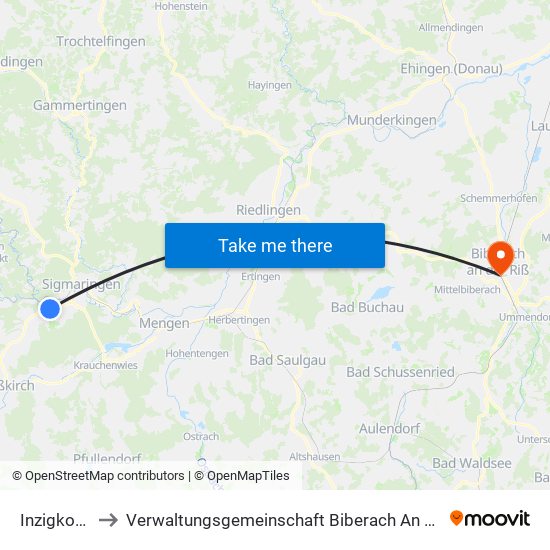Inzigkofen to Verwaltungsgemeinschaft Biberach An Der Riß map