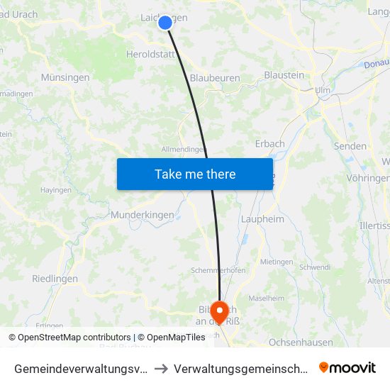 Gemeindeverwaltungsverband Laichinger Alb to Verwaltungsgemeinschaft Biberach An Der Riß map