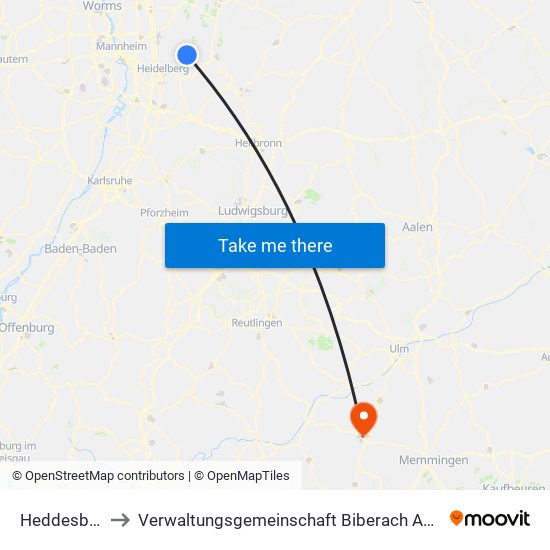Heddesbach to Verwaltungsgemeinschaft Biberach An Der Riß map