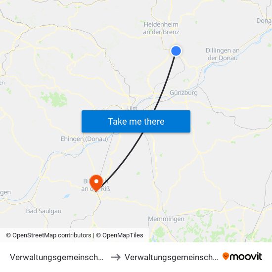 Verwaltungsgemeinschaft Giengen An Der Brenz to Verwaltungsgemeinschaft Biberach An Der Riß map