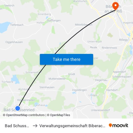 Bad Schussenried to Verwaltungsgemeinschaft Biberach An Der Riß map