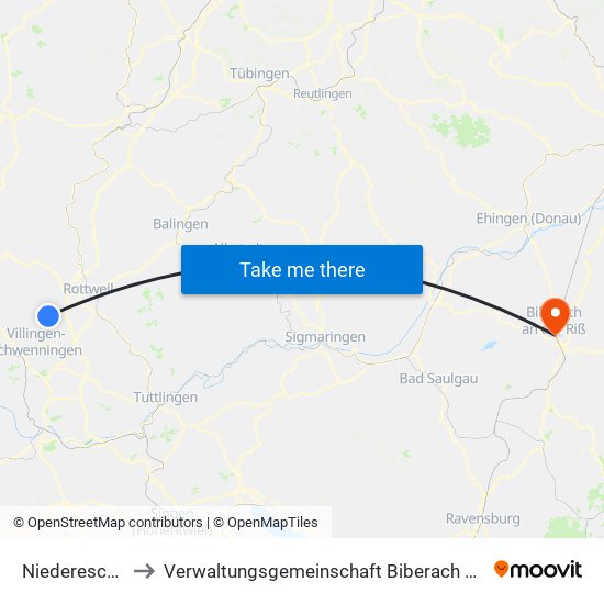 Niedereschach to Verwaltungsgemeinschaft Biberach An Der Riß map