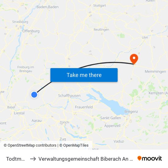 Todtmoos to Verwaltungsgemeinschaft Biberach An Der Riß map