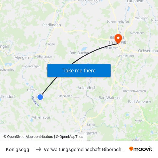 Königseggwald to Verwaltungsgemeinschaft Biberach An Der Riß map
