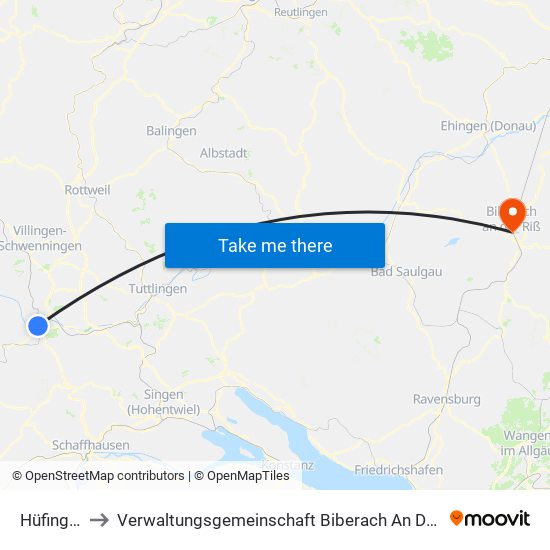 Hüfingen to Verwaltungsgemeinschaft Biberach An Der Riß map