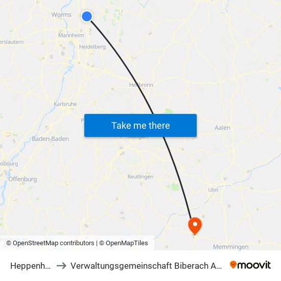 Heppenheim to Verwaltungsgemeinschaft Biberach An Der Riß map