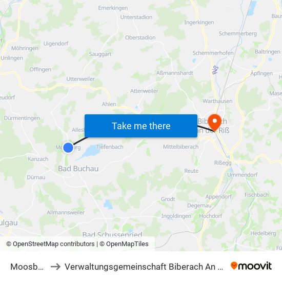 Moosburg to Verwaltungsgemeinschaft Biberach An Der Riß map