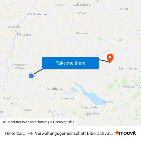 Hinterzarten to Verwaltungsgemeinschaft Biberach An Der Riß map