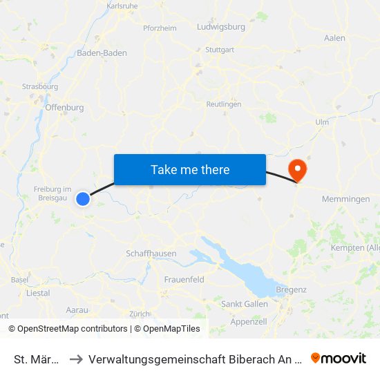 St. Märgen to Verwaltungsgemeinschaft Biberach An Der Riß map