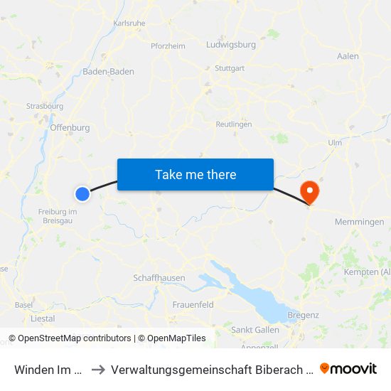 Winden Im Elztal to Verwaltungsgemeinschaft Biberach An Der Riß map