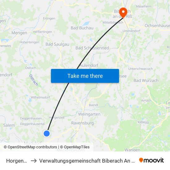 Horgenzell to Verwaltungsgemeinschaft Biberach An Der Riß map