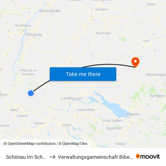 Schönau Im Schwarzwald to Verwaltungsgemeinschaft Biberach An Der Riß map