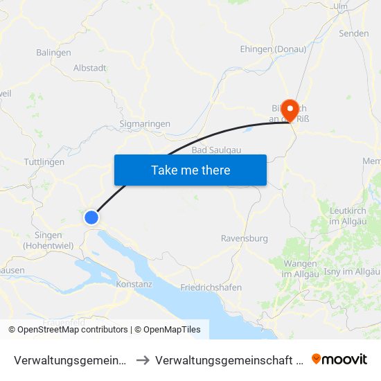 Verwaltungsgemeinschaft Stockach to Verwaltungsgemeinschaft Biberach An Der Riß map